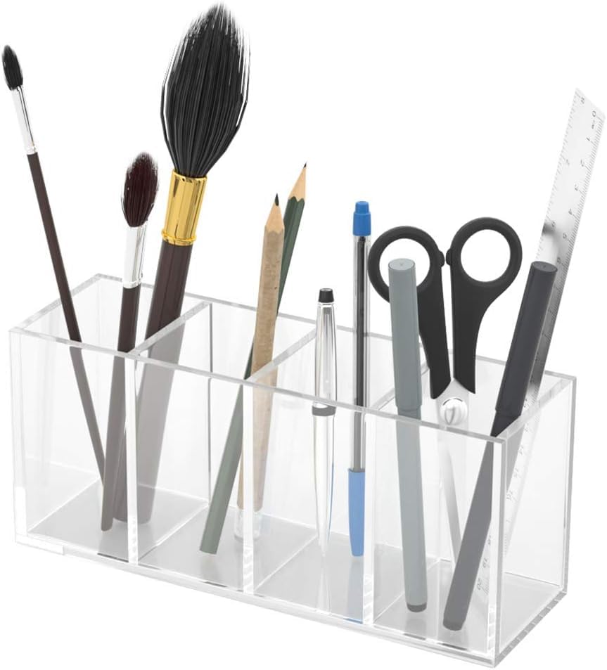 NIUBEE Acrylic Pen Holder 4 Compartments, Clear Pencil Organizer Cup for Countertop Desk Accessory Storage