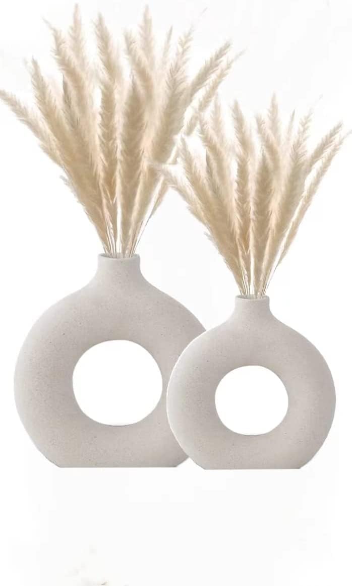 2 pieces,Ceramic Vase Set 2 for Modern Home Decor,Round Matte Pampas Flower Vases Minimalist Nordic Boho Ins Style for Wedding Dinner Table Party Living Room Office Bedroom, Decorative Gift (White)