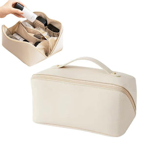 WBOOO Large Capacity Travel Cosmetic Bag, Multifunction Organizer Storage Bag, Makeup Bag with Handle and Dividers, Skincare Dispenser, Toiletry Bag for Women, 9.25x4.13x4.33 inch - White