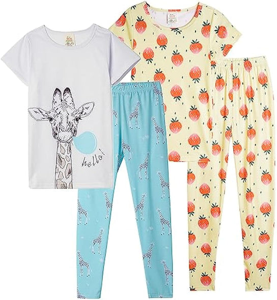 MyFav Babies, Toddlers and Girls' 4-Piece Snug Fit Cotton Pajama Set, Print Short Sleeve Loungewear