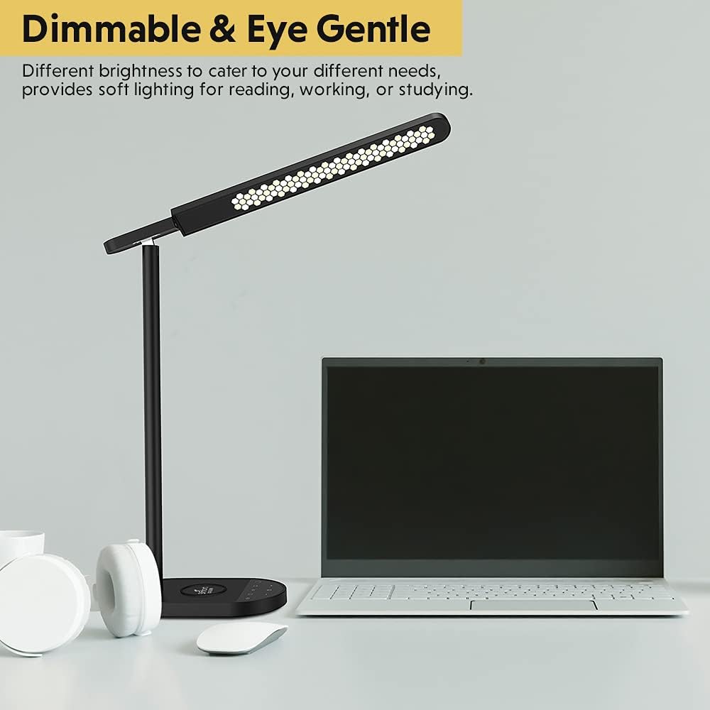 LED Desk Lamp With Wireless Charger, Eye-Caring Table Lamps, USB Charging Port, Dimmable Office Lamp, 5 lighting Modes, Touch Control For Reading Studying (Black)