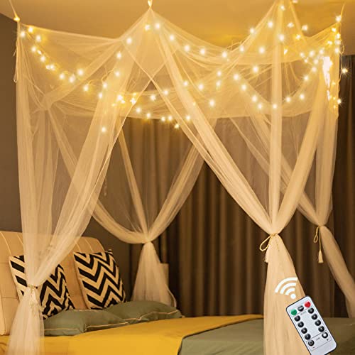 Obrecis White Bed Canopy with Lights for Girls Bedroom Decor, 8 Corner Princess Canopy Bed Curtains with Warm White LED Star String Lights Remote Control Canopy for Bed Twin Full Queen King Size Bed