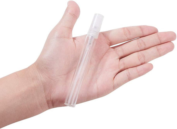 BENECREAT 25Pcs 10ml Mini Fine Mist Spray Bottle Transparent Glass Travel Empty Atomiser Spray Bottles with Plastic Lid for Perfume, Toiletries Liquid, Cosmetic