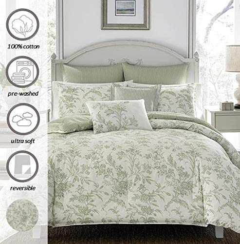Laura Ashley Home - Queen Size Comforter Set, Reversible Cotton Bedding, Includes Matching Shams with Bonus Euro Shams & Throw Pillows (Natalie Sage/Off White, Queen)