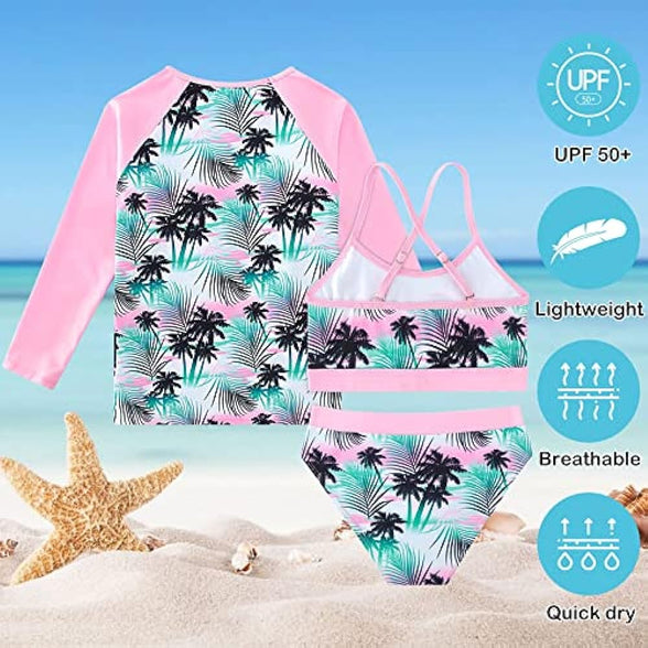 Vogseek Rash Guard Swimwear Girls 3-Piece Short Sleeve Swimsuit Kids Bathing Suit UPF 50+ Quick Dry Bikini Girls 7T-13T