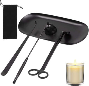 Wawasia 4Pcs Candle Accessory Set Candle Care Tools Gift for Scented Candles Lovers (Black), Include Candle Wick Trimmer, Candle Snuffer, Candle Wick Dipper & Storage Tray Plate, Storage Bag