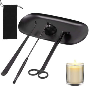 Wawasia 4Pcs Candle Accessory Set Candle Care Tools Gift for Scented Candles Lovers (Black), Include Candle Wick Trimmer, Candle Snuffer, Candle Wick Dipper & Storage Tray Plate, Storage Bag