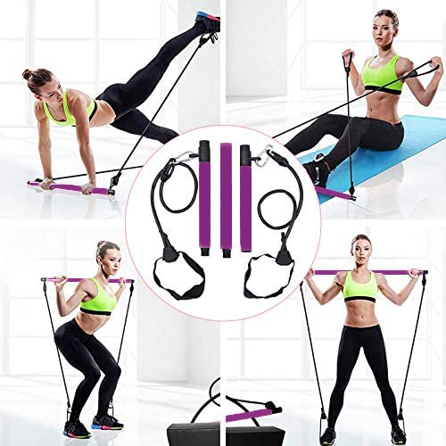 Velageo Pilates Bar Kit for Portable Home Gym Workout + 2 Latex Exercise Resistance Band, 3-Section Sticks - All-in-one Strength Weights Equipment for Body Fitness Yoga Squat