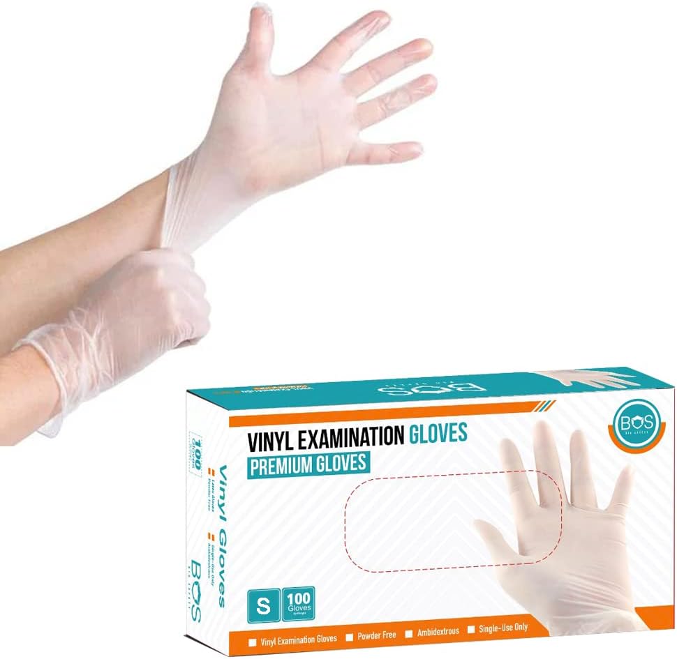Bio Safety (BOS) Disposable Vinyl Gloves, Powder Free, Non Sterile, Latex Free Rubber,100 Count, Food Safe
