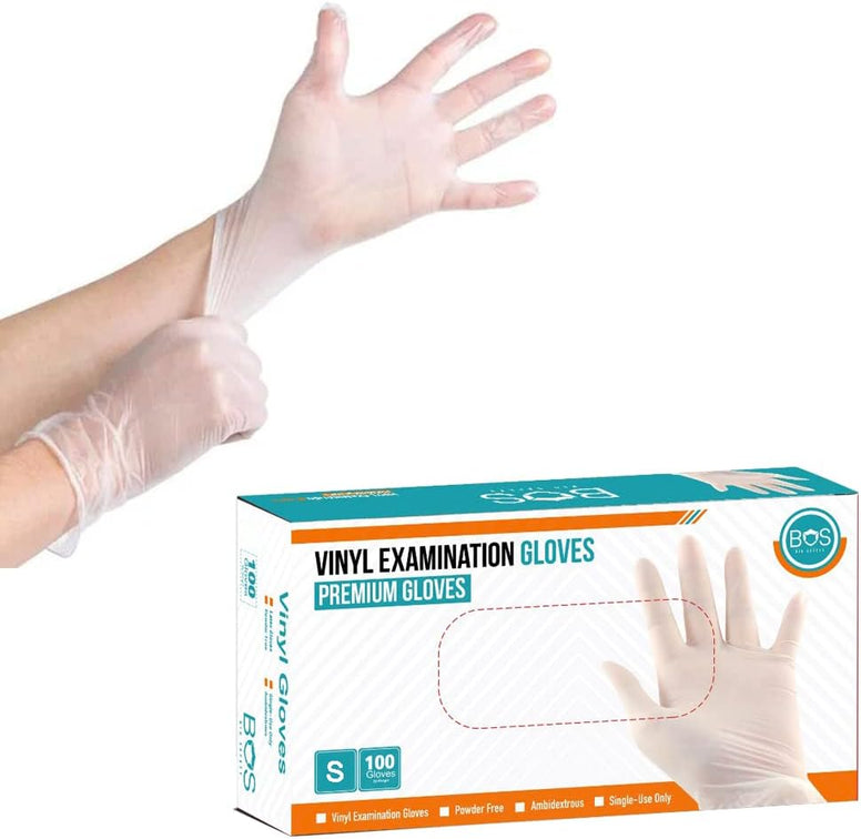 Bio Safety (BOS) Disposable Vinyl Gloves, Powder Free, Non Sterile, Latex Free Rubber,100 Count, Food Safe