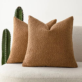 Foindtower Pack of 2 Textured Boucle Throw Pillow Covers Accent Solid Pillow Cases Cozy Soft Decorative Couch Cushion Case for Chair Sofa Bedroom Living Room Home Decor, 18 x 18 Inch,Tobacco