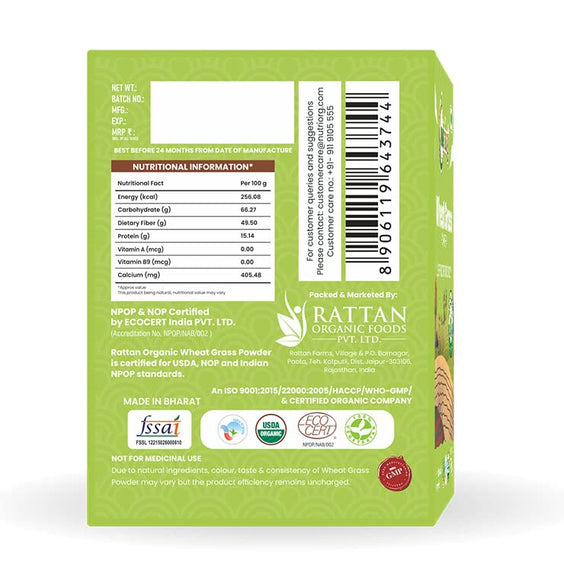 nutriorg Organic Wheat Grass Powder 100g | 100% Whole-Leaf Wheat Grass Powder for Energy, Detox & Immunity Support, Chlorophyll Providing Greens