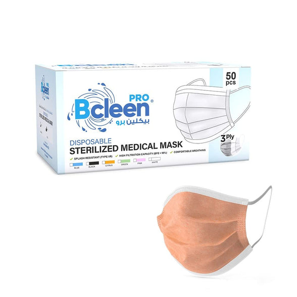 Bcleen® 3 Ply Sterile Disposable Medical Mask For Adults, 50 Pieces - Orange