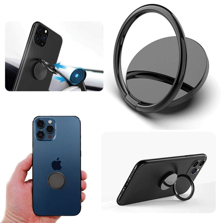 Cell Phone Ring Holder - 3M Adhesive Finger Kickstand 360° Rotating Mobile Hand Grip Compatible with Smartphones and Magnetic Car Mount Black Case