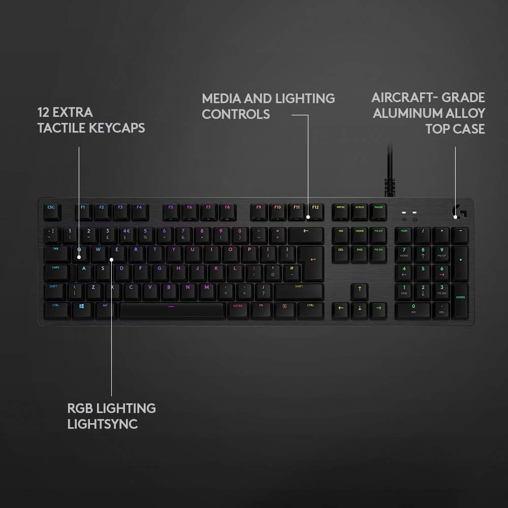 Logitech G512 Clicky Mechanical Gaming Keyboard, RGB Lightsync Backlit Keys, Romer-G Tactile Key Switches, Brushed Aluminum Case, Customizable F-Keys, Usb Pass Through - Carbon/Black