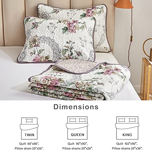 Flysheep 3 Pieces Quilt Set King Size, Beige Floral Reversible Bedspread Coverlet Set, Soft Microfiber Lightweight Bed Cover for All Season (102" x 90", 1 Quilt+ 2 Pillow Shams)