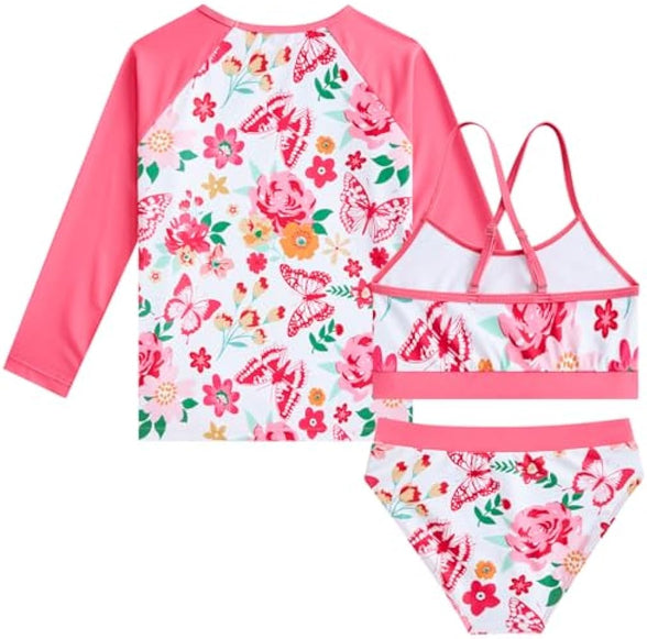 Vogseek Rash Guard Swimwear Girls 3-Piece Short Sleeve Swimsuit Kids Bathing Suit UPF 50+ Quick Dry Bikini Girls 7T-13T