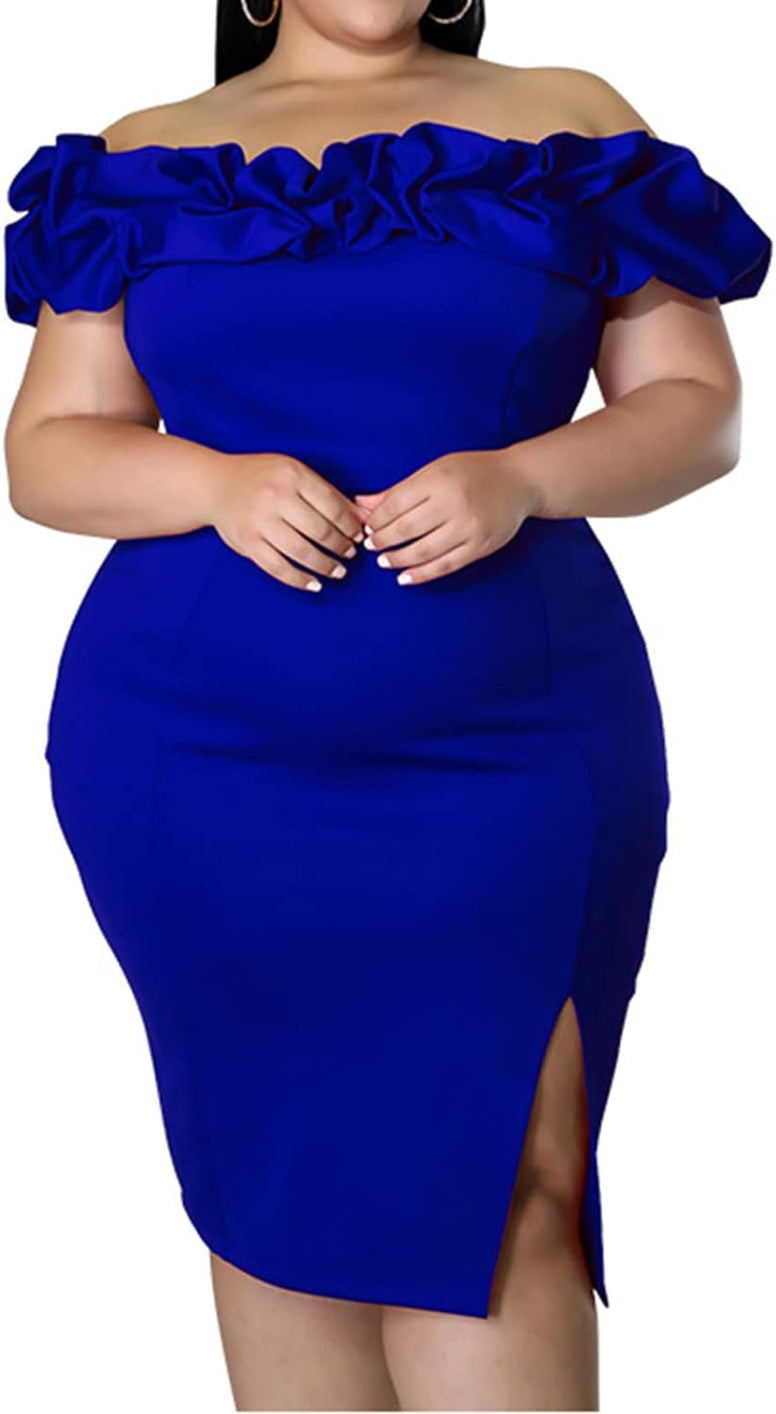 Ekaliy Women's Plus Size Off Shoulder Ruffle Trim Dress Elegant Bodycon Cocktail Party Short Dresses