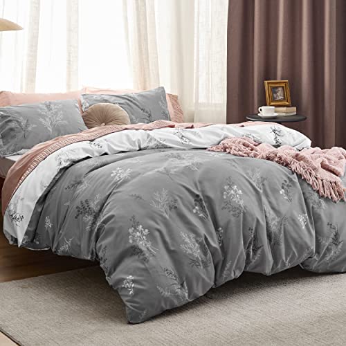 Bedsure Duvet Cover King Size - Reversible Floral Duvet Cover Set with Zipper Closure, Grey Bedding Set, 3 Pieces, 1 Duvet Cover 104"x90" with 8 Corner Ties and 2 Pillowcases 20"x36"