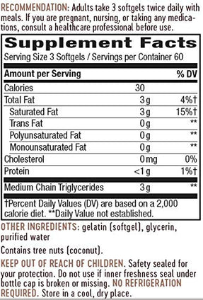 Nature's Way MCT Oil Softgels, 3 g of MCTs per serving, No Palm or Filler Oils, 180 Softgels