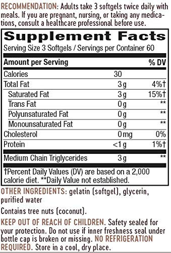 Nature's Way MCT Oil Softgels, 3 g of MCTs per serving, No Palm or Filler Oils, 180 Softgels