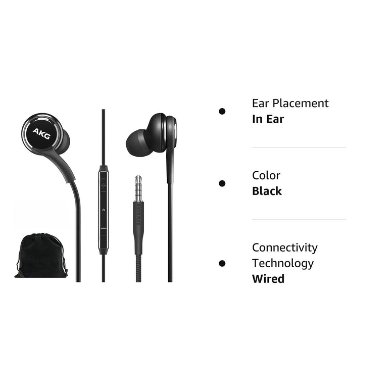 Samsung AKG Earbuds Original 3.5mm in-Ear Headphones with Remote & Mic for Galaxy A71, A31, Galaxy S10, S10e, Note 10, Note 10+, S10 Plus, S9 - Braided, Includes Velvet Carrying Pouch - Black