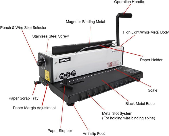 Rayson TD-1200R Wire Binding Machine,12 Sheets Punching Capacity and Wire Binding Up 120 sheets, 34 Round Hole, 3:1 Pitch Wire & Click Binder with Sturdy Metal Construction