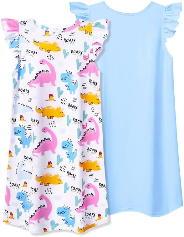 Jxstar 2-Pack Nightgown for Girls Flutter Sleeve Pajamas Cotton Night Dresse