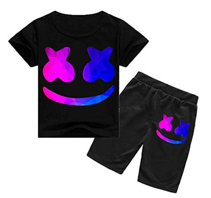 2 piece set DJ Marshmello digital printing fashion round collar pullover T-shirt short trousers comfortable cotton kids outfit children clothing Set  5-6Y