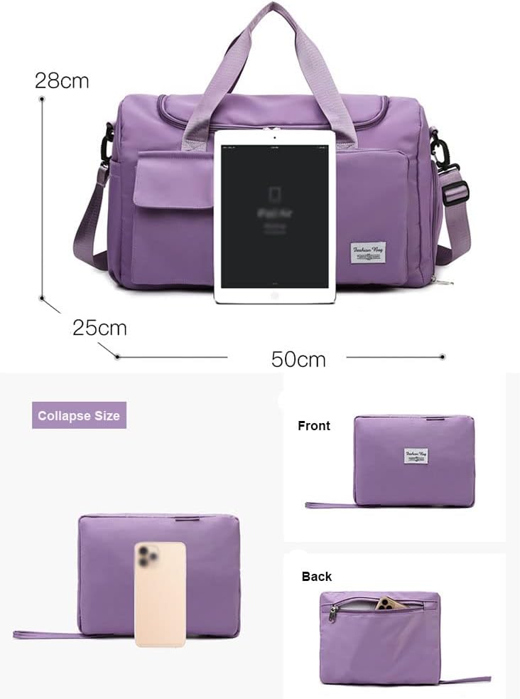 Foldable travel bags, Large Capacity Sports Gym Bag, Weekender Carry on for Women, Travel Duffel Bag with Shoes Compartment, Sport Duffel Bag with Trolley Sleeve (Purple)