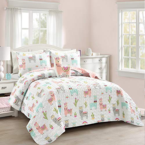 Lush Decor Southwest Llama Cactus Reversible Print 4 Piece Quilt Set, White & Blush, Full/Queen