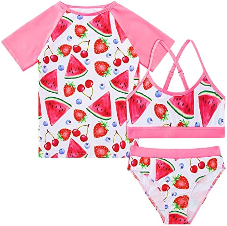 Vogseek Rash Guard Swimwear Girls 3-Piece Short Sleeve Swimsuit Kids Bathing Suit UPF 50+ Quick Dry Bikini Girls 7T-13T