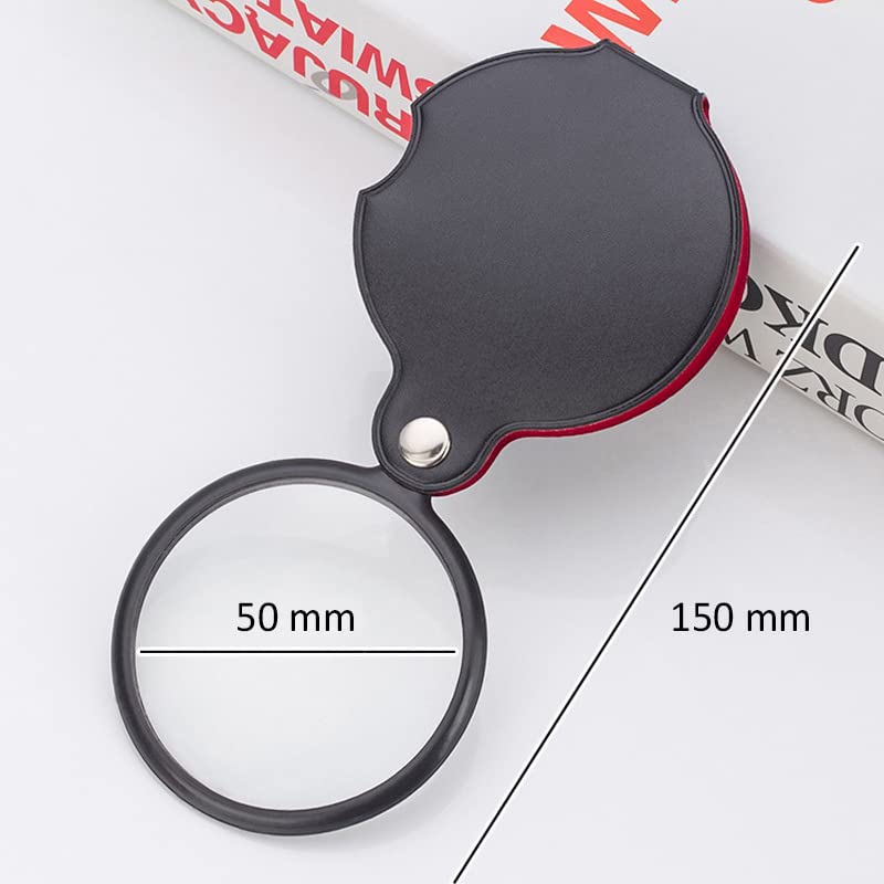 Rubik Folding Magnifying Glass 8x Zoom Magnifier Lens For Pocket, 50mm Lens Diameter, Artificial Leather Case, Gift for Father Mother Children
