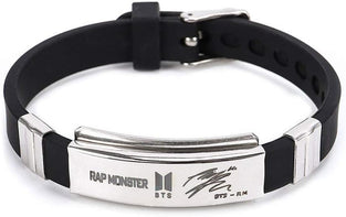 Yellow Chimes Kpop BTS Band Exquisite Signature Rap Monster Silicon Unisex by Yellow Chimes Silver Plated Charm Bracelet for Men (Silver Black) (YCFJBR-01RAPM-SLBK)