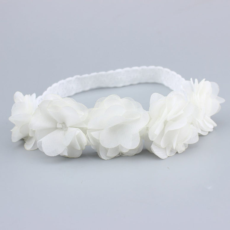 Baby Toddler Elastic Chiffon Flower Headbands Princess Girls Hand Sewing Beads Flower Headwear Nylon (QJ11 White pink)