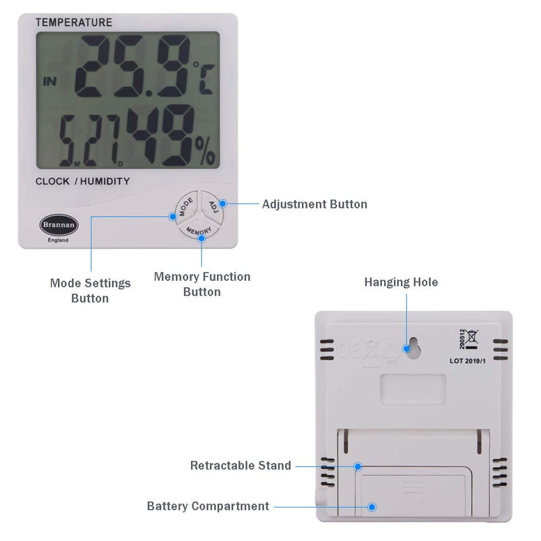 Brannan Digital Hygrometer Indoor Outdoor Thermometer, Temperature Clock And Humidity Monitor With Jumbo 1 Inch Digit Screen - UK