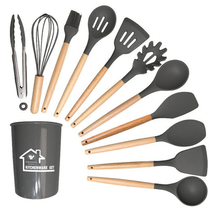 Silicone Cooking Utensils Kitchen Utensil Set, 12 PCS Wooden Handle Nontoxic BPA Free Silicone Spoon Spatula Turner Tongs Kitchen Gadgets Utensil Set for Nonstick Cookware with Holder