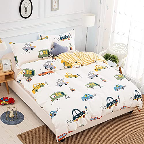 Cars Kids Duvet Cover Set Full Size, 3 Pieces 100% Cotton Kids Bedding Set for Boys Girls, Reversible Yellow Stripes Comforter Cover Set (1 Duvet Cover+2 Pillowcases)