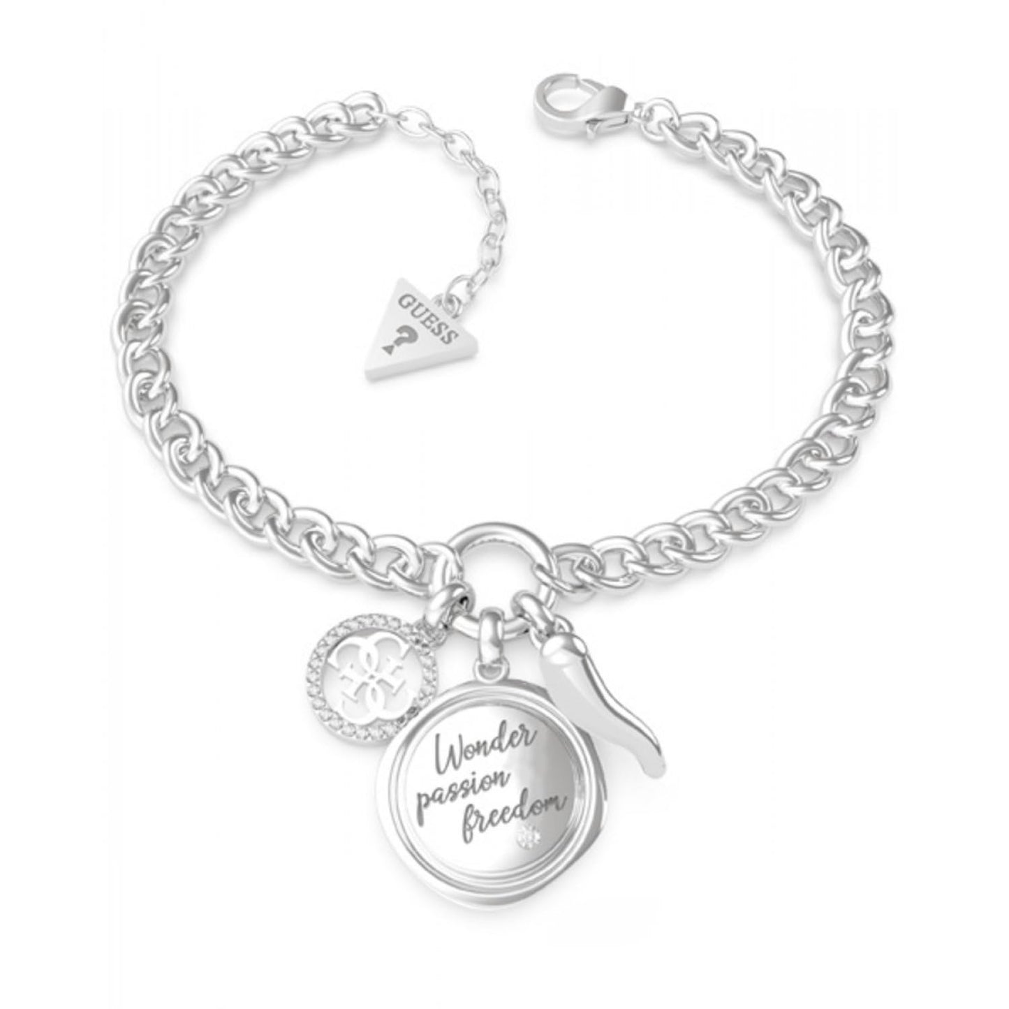 Guess Women's Guess My Feelings Stainless Steel Silver Curb Chain Charm Bracelet