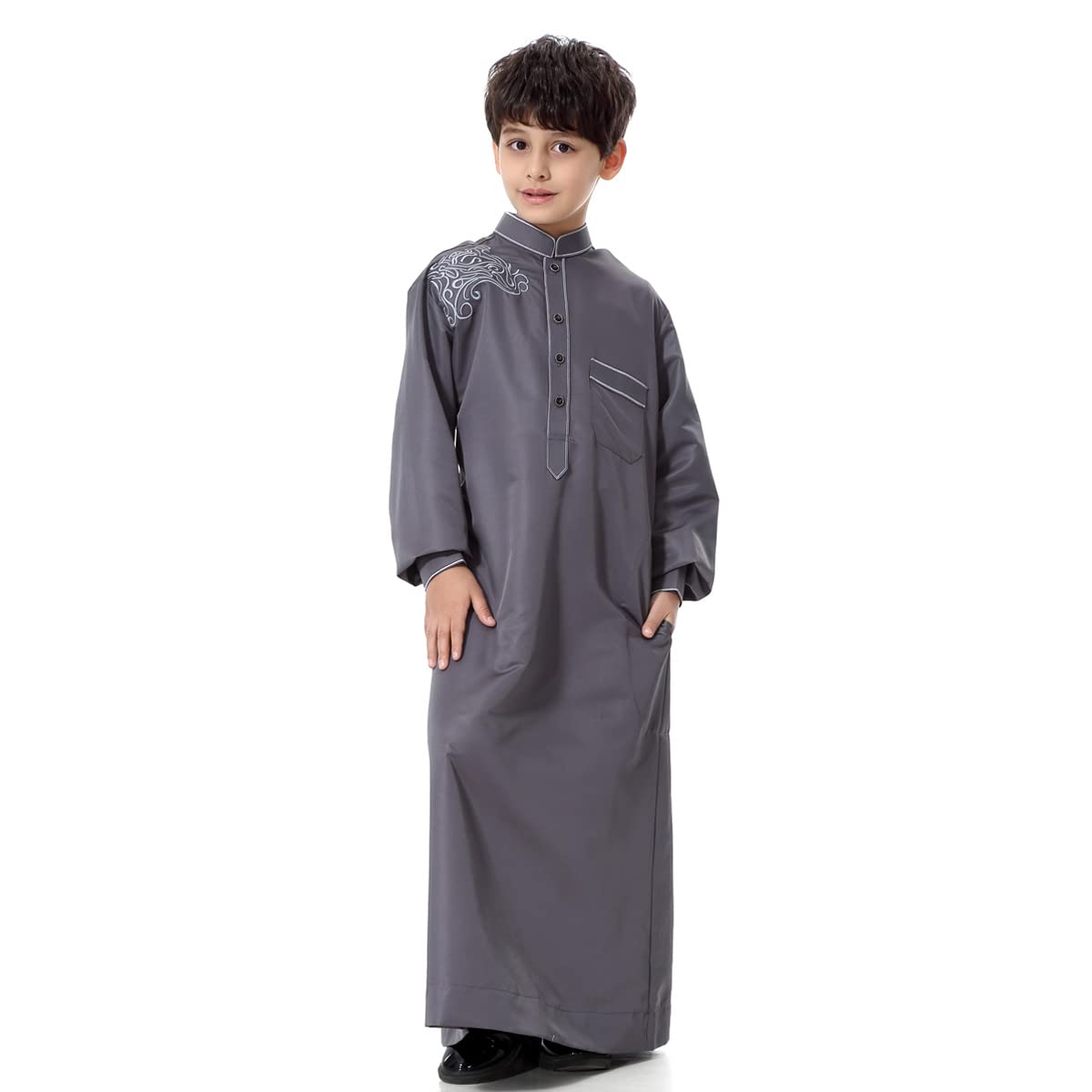 ODIZLI Arabic Thobe Muslim Thobe Long Sleeve Kaftan Crew Collar Robe with Zipper for Boy Solid Color/Embroidery/Stripe Print