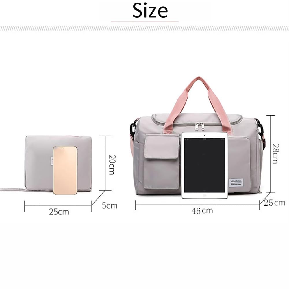 Large Capacity Folding Travel Bag Travel Duffel Bag Extendable Sports Gym Bag Multifunctional Waterproof Carry on Luggage Bag (Grey&Pink)