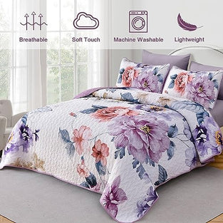 Dobuyly Purple Floral Quilt Set King Size, 3 Pieces Botanical Flower Printed on White Quilt Bedding Set Soft Microfiber Lightweight Bedspread Coverlet Set for All Season 104