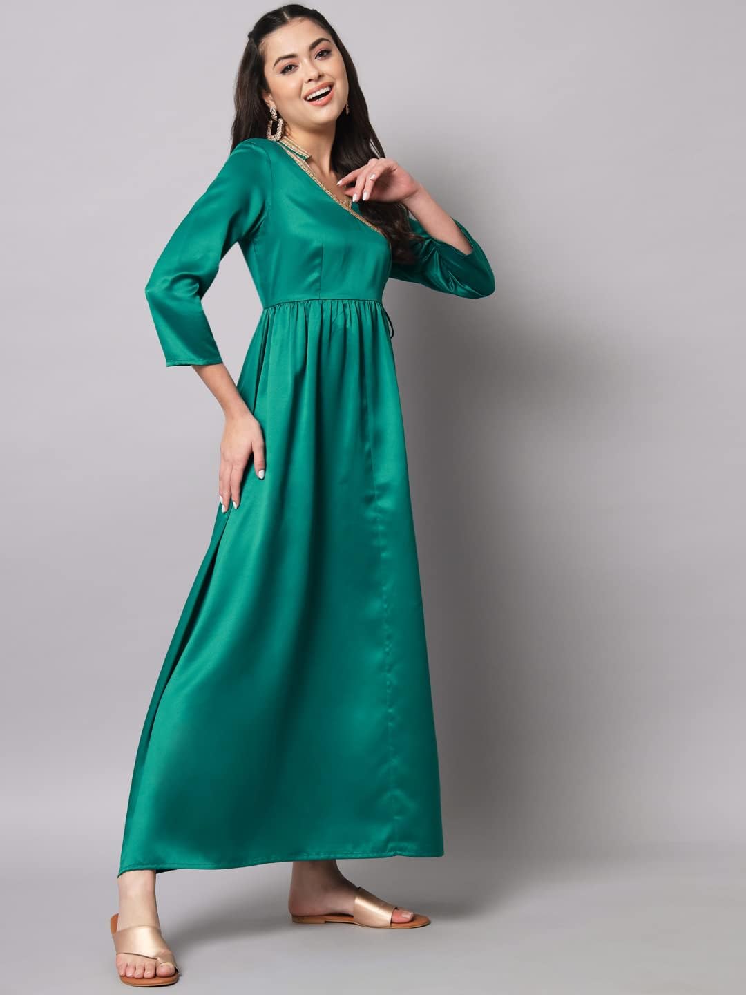 Styleville.in Long Maxi Dress with Wrap Neck Embroidery Details