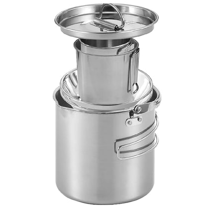 DZRZVD Portable Stainless Steel Camping Kettle Pot Set 5pcs,1.2L Kettle Pot with Handles and Lid & 380ml + 250ml Mugs & Two Bowls for Backpacking Hiking Traveling Outdoor Picnic Coffee Tea Cooking