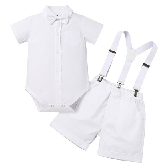 Baby Boys Formal Suit Set Short Sleeve Bowtie T-Shirt Suspenders Shorts Pants Wedding Tuxedo Outfits Cake Smash Clothes 0-6M