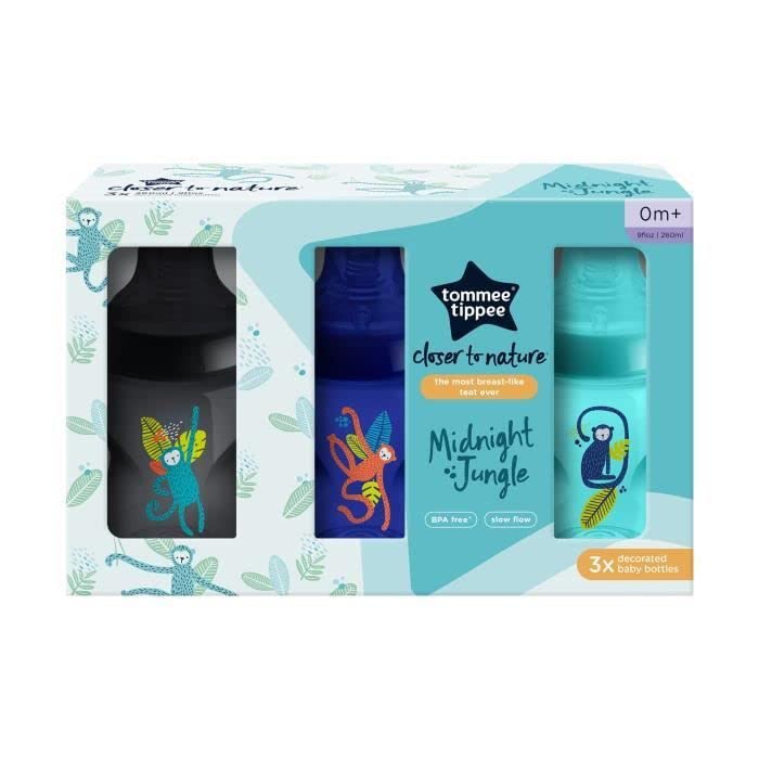 Tommee Tippee Closer to Nature Baby Bottles: 3-Pack of 260ml Feeding Bottles with Slow-Flow, Breast-Like Teats, Built-In Anti-Colic Valve, Easy-Clean Design, BPA-Free, Jungle Blues Pattern