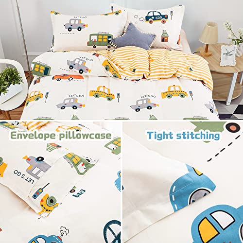 Cars Kids Duvet Cover Set Full Size, 3 Pieces 100% Cotton Kids Bedding Set for Boys Girls, Reversible Yellow Stripes Comforter Cover Set (1 Duvet Cover+2 Pillowcases)