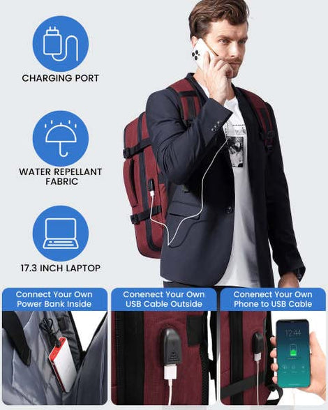 40L Travel Backpack with 3 Cube Bags, Expandable Water Resistant Travel Bag with Charging Port, 17 Inch Laptop Bag For Men And Women, Weekender Luggage Backpack for Travels College Business Trips