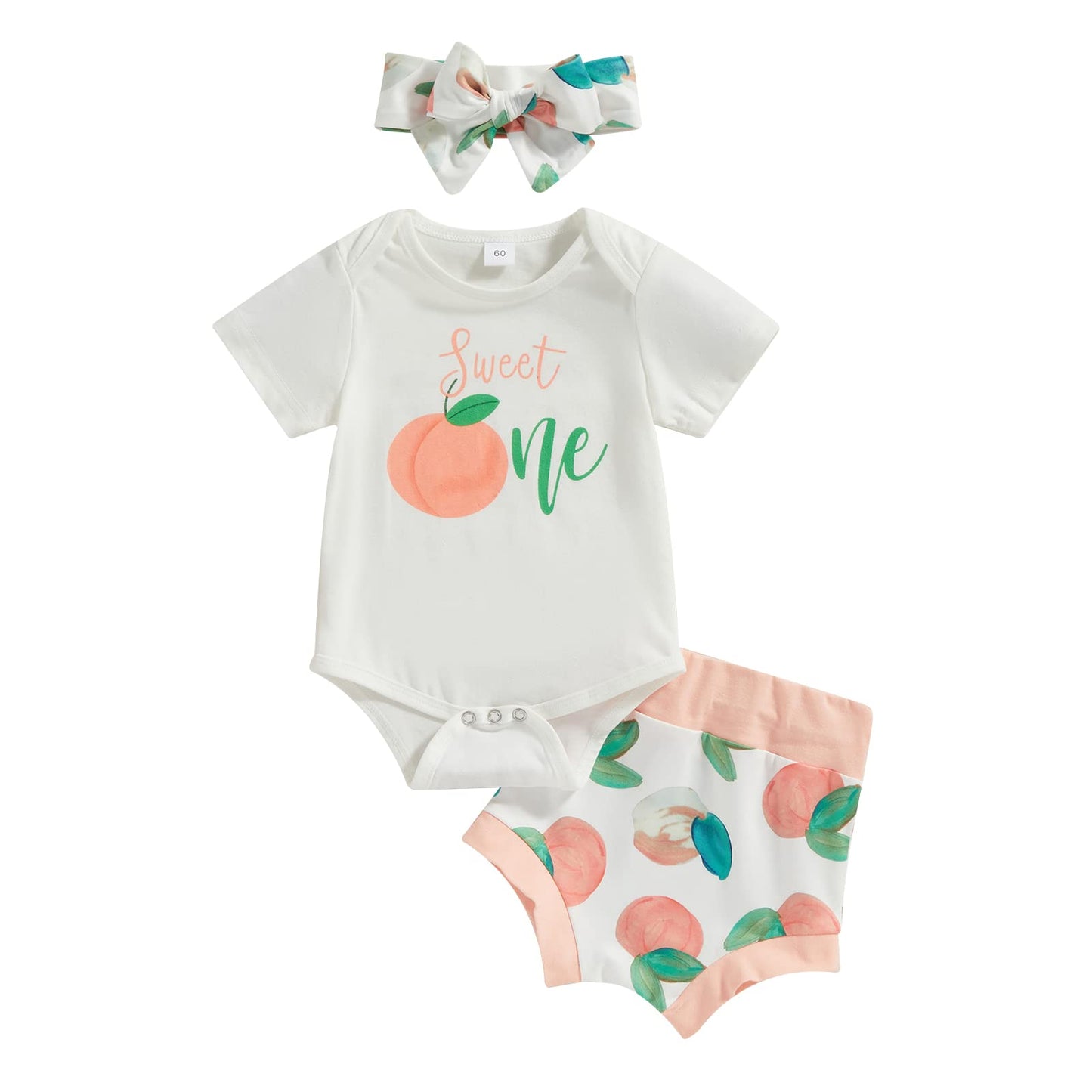 Ynibbim 0-24 Months Infant Baby Girls Summer Clothes Newborn Shorts Set Letters Print Tops & Peach Print Shorts 3Pcs Outfits (0-3 Months)