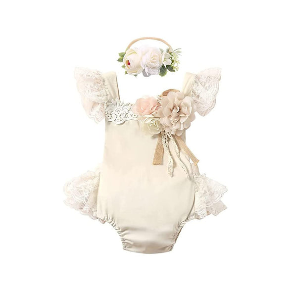 Toddler Baby Girl 1st Birthday Boho Lace Tulle Romper Princess Tutu Dress with Flower Headband, Smash Princess Clothes Photo Shoot